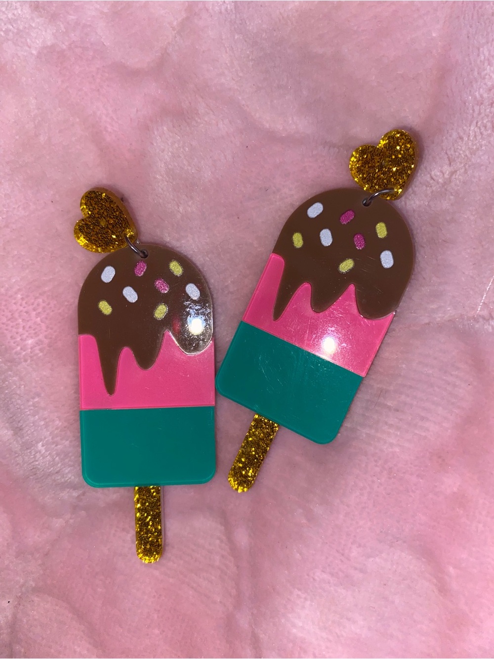 Dolls Kill Pink Teal & Gold Glitter Popsicle Earrings